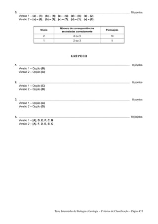 5. ...................................................................................................................................................... 10 pontos
1. Versão 1 – (a) – (7); (b) – (1); (c) – (6); (d) – (8); (e) – (2)
1. Versão 2 – (a) – (6); (b) – (2); (c) – (7); (d) – (1); (e) – (8)


                                                         Número de correspondências
                                Níveis                                                                              Pontuação
                                                          assinaladas correctamente
                                    2                                     4 ou 5                                          10
                                    1                                     2 ou 3                                           5




                                                                       GRUPO III

1. ...................................................................................................................................................... 8 pontos
1. Versão 1 – Opção (B)
1. Versão 2 – Opção (A)


2. ...................................................................................................................................................... 8 pontos
1. Versão 1 – Opção (C)
1. Versão 2 – Opção (B)


3. ...................................................................................................................................................... 8 pontos
1. Versão 1 – Opção (A)
1. Versão 2 – Opção (D)


4. ...................................................................................................................................................... 10 pontos
1. Versão 1 – [A], D, E, F, C, B
1. Versão 2 – [A], F, D, E, B, C




                                                  Teste Intermédio de Biologia e Geologia – Critérios de Classificação – Página C/5
 