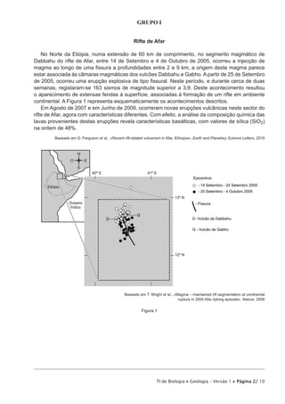 GRUPO I


                                                       Rifte de Afar

    1R 1RUWH GD (WLySLD QXPD H[WHQVmR GH  NP GH FRPSULPHQWR QR VHJPHQWR PDJPiWLFR GH
Dabbahu do rifte de Afar, entre 14 de Setembro e 4 de Outubro de 2005, ocorreu a injecção de
PDJPD DR ORQJR GH XPD ¿VVXUD D SURIXQGLGDGHV HQWUH  H  NP D RULJHP GHVWH PDJPD SDUHFH
HVWDU DVVRFLDGD jV FkPDUDV PDJPiWLFDV GRV YXOF}HV 'DEEDKX H *DEKR $ SDUWLU GH  GH 6HWHPEUR
GH  RFRUUHX XPD HUXSomR H[SORVLYD GH WLSR ¿VVXUDO 1HVWH SHUtRGR H GXUDQWH FHUFD GH GXDV
semanas, registaram-se 163 sismos de magnitude superior a 3,9. Deste acontecimento resultou
o aparecimento de extensas fendas à superfície, associadas à formação de um rifte em ambiente
continental. A Figura 1 representa esquematicamente os acontecimentos descritos.
    Em Agosto de 2007 e em Junho de 2009, ocorreram novas erupções vulcânicas neste sector do
ULIWH GH $IDU DJRUD FRP FDUDFWHUtVWLFDV GLIHUHQWHV RP HIHLWR D DQiOLVH GD FRPSRVLomR TXtPLFD GDV
ODYDV SURYHQLHQWHV GHVWDV HUXSo}HV UHYHOD FDUDFWHUtVWLFDV EDViOWLFDV FRP YDORUHV GH VtOLFD 6L22)
na ordem de 48%.
         Baseado em D. Ferguson et al., «Recent rift-related volcanism in Afar, Ethiopia», Earth and Planetary Science Letters, 2010




                                                 Baseado em T. Wright et al., «Magma – maintained rift segmentation at continental
                                                                                rupture in 2005 Afar dyking episode», Nature, 2006

                                                           Figura 1




                                                                    TI de Biologia e Geologia – Versão 1 x Página 2/ 10
 