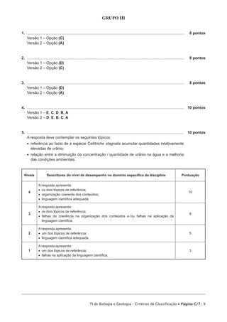Teste Intermédio de Biologia e Geologia




Teste Intermédio
Biologia e Geologia
Duração do Teste: 90 minutos | 24.03.2011

10.º Ano de Escolaridade

Decreto-Lei n.º 74/2004, de 26 de Março




                                                                COTAÇÕES

                                                                   GRUPO I
1.   ...........................................................................................................    8 pontos
2.   ...........................................................................................................    8 pontos
3.   ...........................................................................................................    8 pontos
4.   ...........................................................................................................    8 pontos
5.   ...........................................................................................................    5 pontos
6.   ...........................................................................................................   10 pontos

                                                                                                                                47 pontos
                                                                  GRUPO II
1.   ...........................................................................................................    8 pontos
2.   ...........................................................................................................    8 pontos
3.   ...........................................................................................................    8 pontos
4.   ...........................................................................................................   10 pontos
5.   ...........................................................................................................   10 pontos

                                                                                                                                44 pontos
                                                                 GRUPO III
1.   ...........................................................................................................    8 pontos
2.   ...........................................................................................................    8 pontos
3.   ...........................................................................................................    8 pontos
4.   ...........................................................................................................   10 pontos
5.   ...........................................................................................................   10 pontos

                                                                                                                                44 pontos
                                                                 GRUPO IV
1.   ...........................................................................................................    8 pontos
2.   ...........................................................................................................    8 pontos
3.   ...........................................................................................................    8 pontos
4.   ...........................................................................................................    8 pontos
5.   ...........................................................................................................    8 pontos
6.   ...........................................................................................................   10 pontos
7.   ...........................................................................................................   15 pontos

                                                                                                                                65 pontos


                                                                            TOTAL .........................................    200 pontos




                                           TI de Biologia e Geologia – Critérios de Classificação x Página C/1/ 9
 