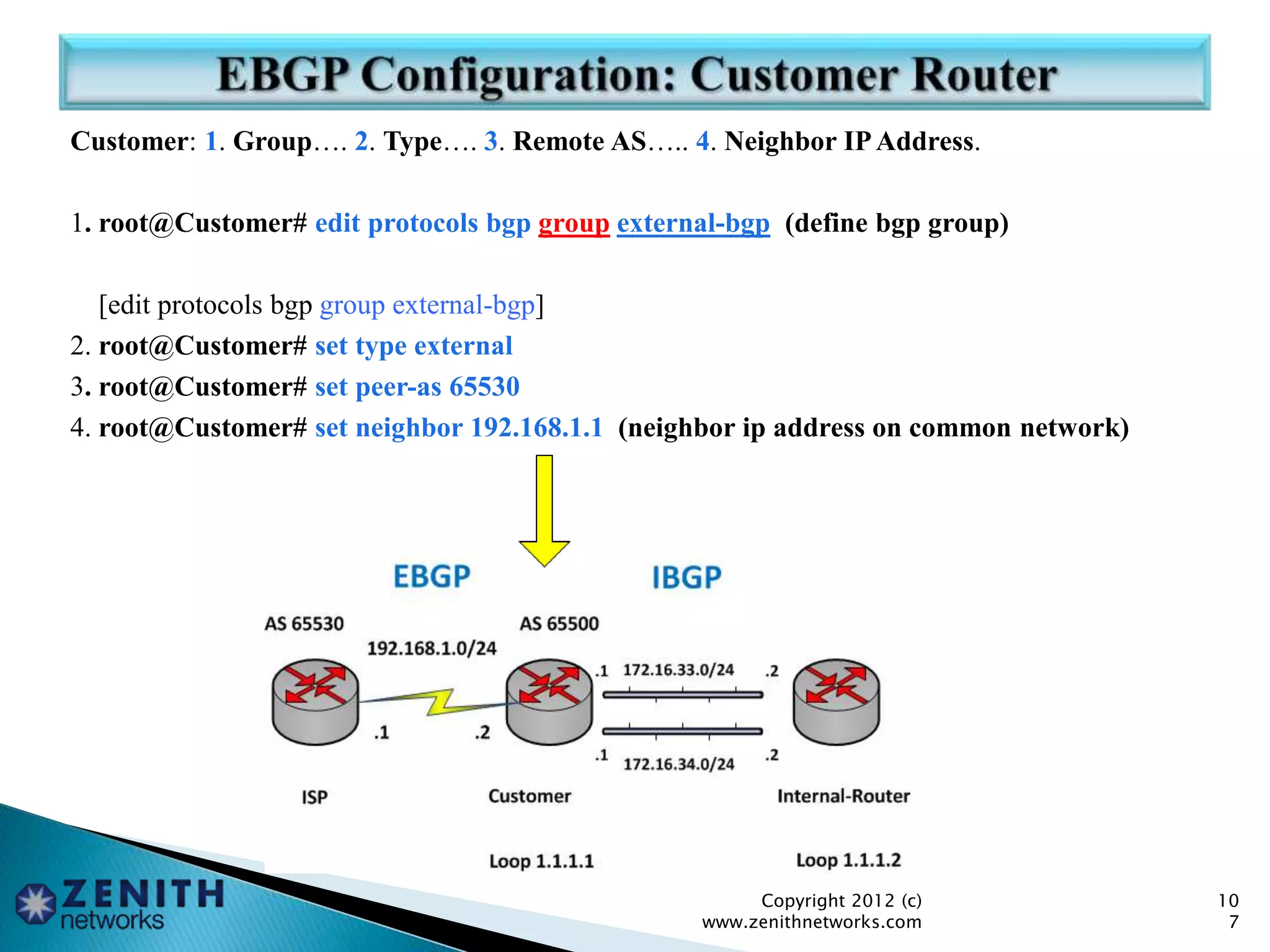 Customer: 1. Group…. 2. Type…. 3. Remote AS….. 4. Neighbor IPAddress.
1. root@Customer# edit protocols bgp group external-bgp (define bgp group)
[edit protocols bgp group external-bgp]
2. root@Customer# set type external
3. root@Customer# set peer-as 65530
4. root@Customer# set neighbor 192.168.1.1 (neighbor ip address on common network)
Copyright 2012 (c)
www.zenithnetworks.com
10
7
 