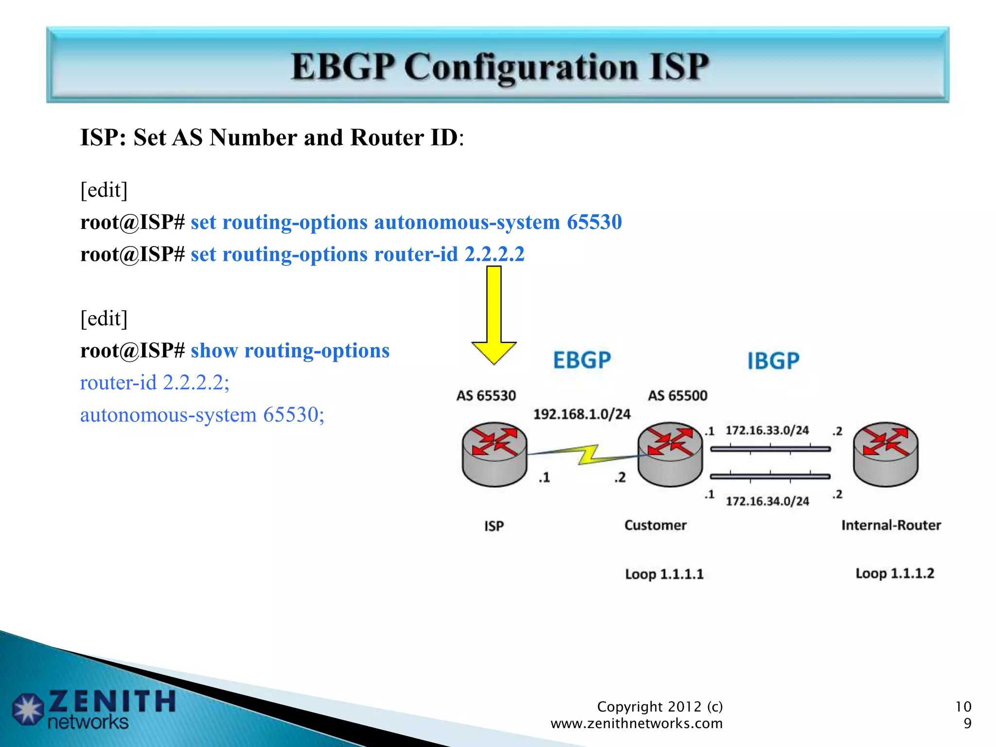 ISP: Set AS Number and Router ID:
[edit]
root@ISP# set routing-options autonomous-system 65530
root@ISP# set routing-options router-id 2.2.2.2
[edit]
root@ISP# show routing-options
router-id 2.2.2.2;
autonomous-system 65530;
Copyright 2012 (c)
www.zenithnetworks.com
10
9
 