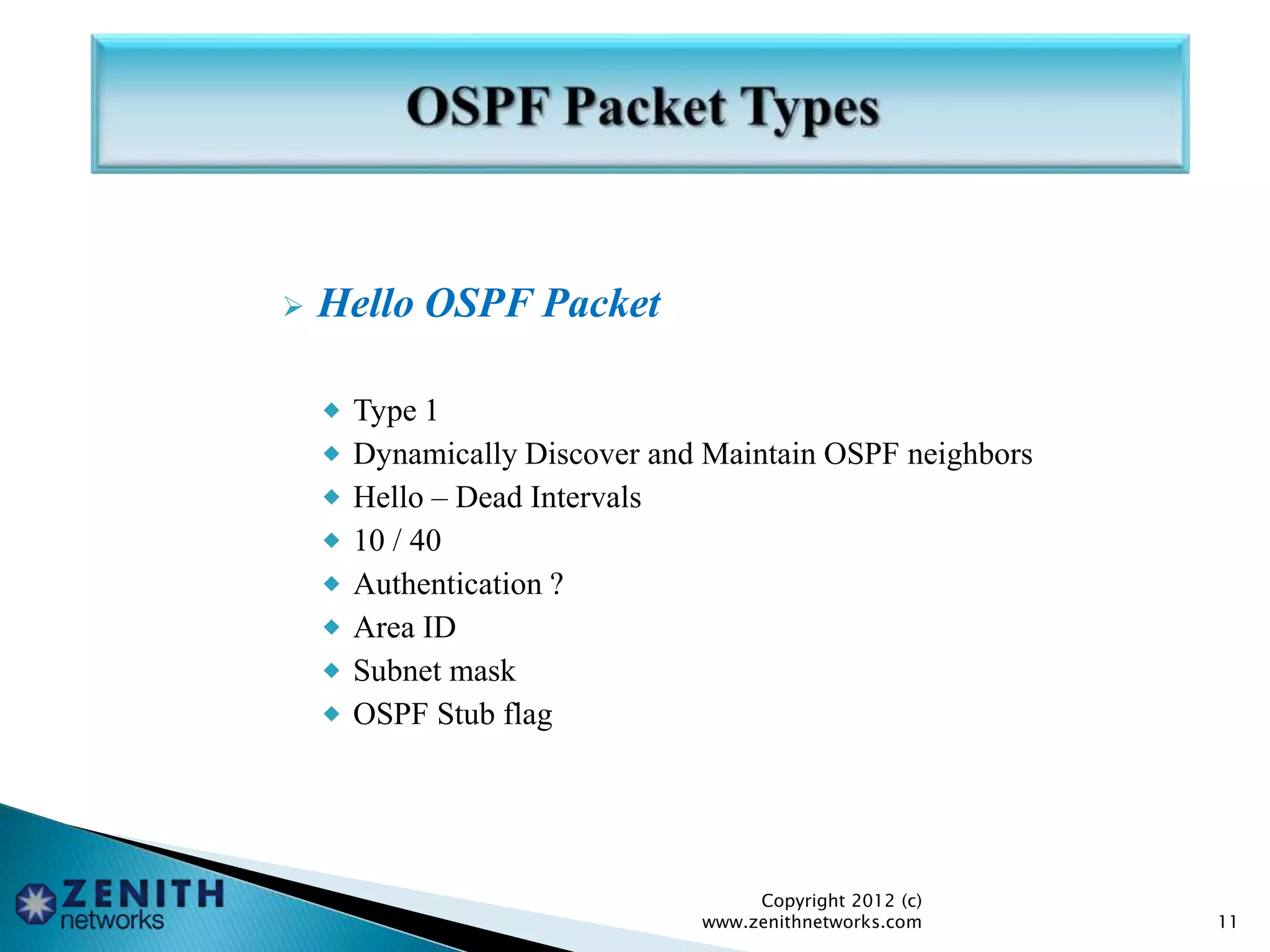  Hello OSPF Packet
 Type 1
 Dynamically Discover and Maintain OSPF neighbors
 Hello – Dead Intervals
 10 / 40
 Authentication ?
 Area ID
 Subnet mask
 OSPF Stub flag
Copyright 2012 (c)
www.zenithnetworks.com 11
 