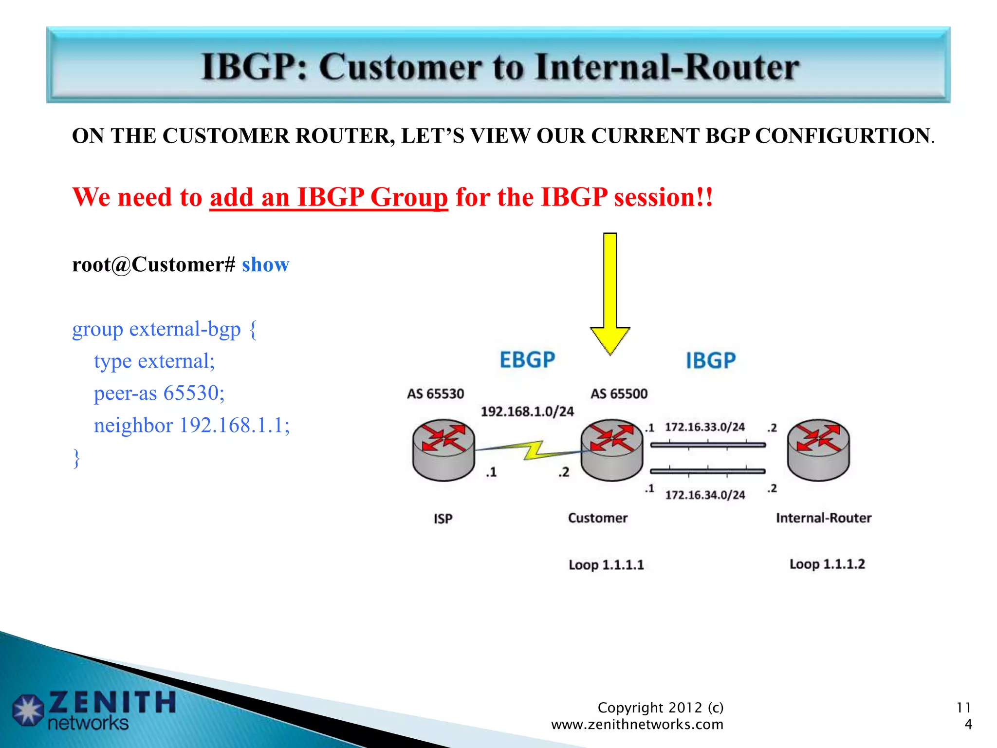 ON THE CUSTOMER ROUTER, LET’S VIEW OUR CURRENT BGP CONFIGURTION.
We need to add an IBGP Group for the IBGP session!!
root@Customer# show
group external-bgp {
type external;
peer-as 65530;
neighbor 192.168.1.1;
}
Copyright 2012 (c)
www.zenithnetworks.com
11
4
 
