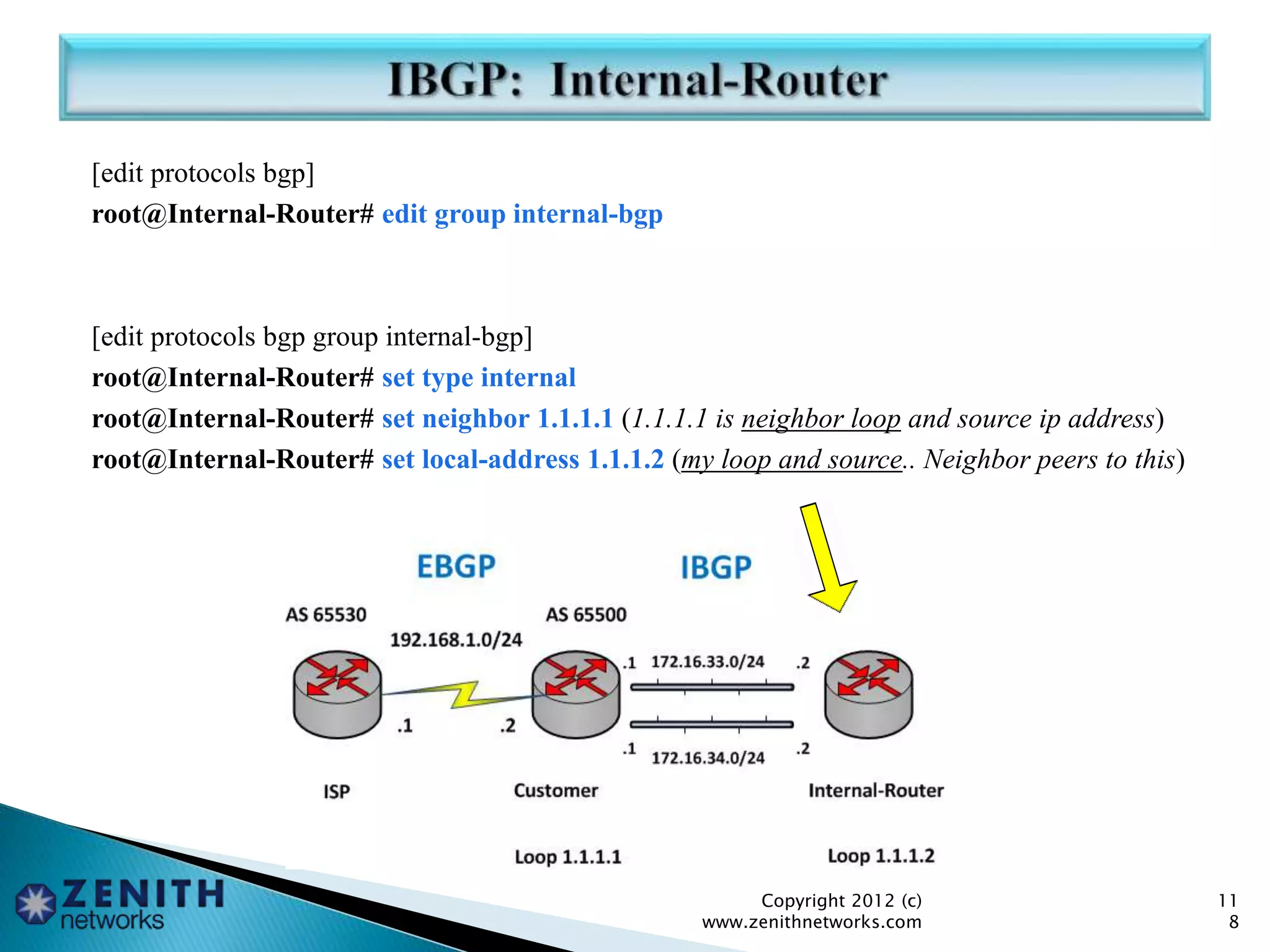 [edit protocols bgp]
root@Internal-Router# edit group internal-bgp
[edit protocols bgp group internal-bgp]
root@Internal-Router# set type internal
root@Internal-Router# set neighbor 1.1.1.1 (1.1.1.1 is neighbor loop and source ip address)
root@Internal-Router# set local-address 1.1.1.2 (my loop and source.. Neighbor peers to this)
Copyright 2012 (c)
www.zenithnetworks.com
11
8
 