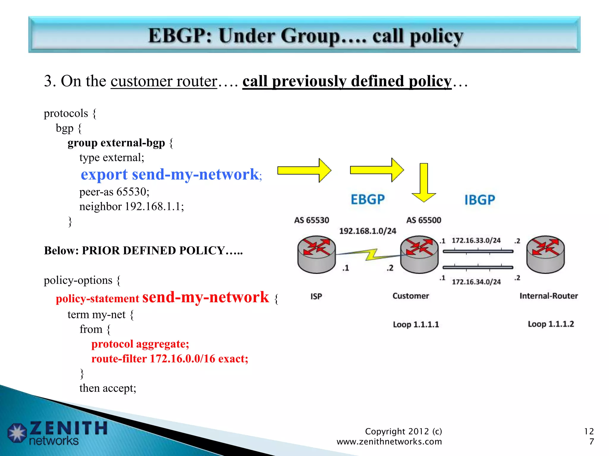 3. On the customer router…. call previously defined policy…
protocols {
bgp {
group external-bgp {
type external;
export send-my-network;
peer-as 65530;
neighbor 192.168.1.1;
}
Below: PRIOR DEFINED POLICY…..
policy-options {
policy-statement send-my-network {
term my-net {
from {
protocol aggregate;
route-filter 172.16.0.0/16 exact;
}
then accept;
Copyright 2012 (c)
www.zenithnetworks.com
12
7
 