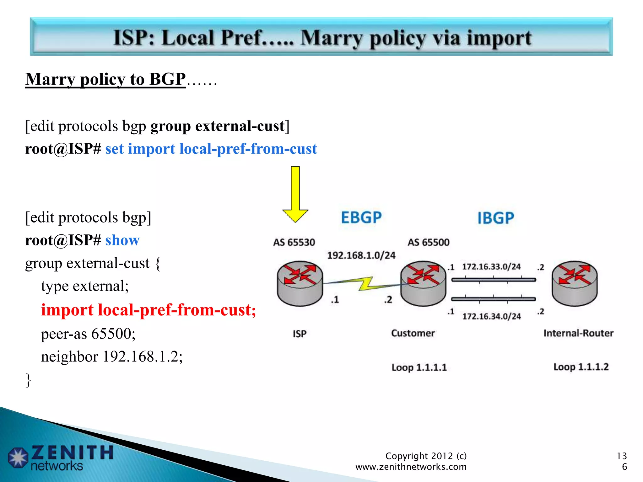 Marry policy to BGP……
[edit protocols bgp group external-cust]
root@ISP# set import local-pref-from-cust
[edit protocols bgp]
root@ISP# show
group external-cust {
type external;
import local-pref-from-cust;
peer-as 65500;
neighbor 192.168.1.2;
}
Copyright 2012 (c)
www.zenithnetworks.com
13
6
 
