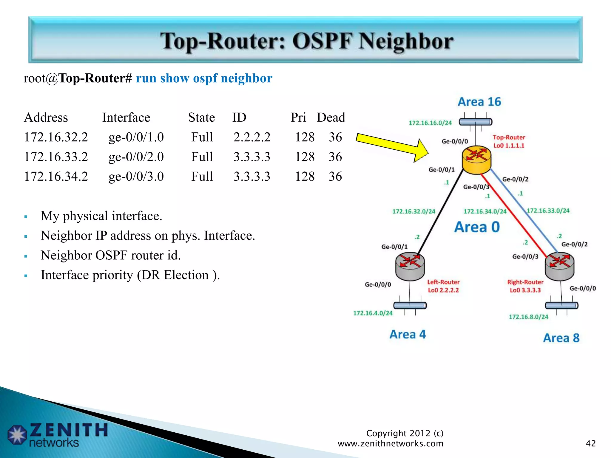 root@Top-Router# run show ospf neighbor
Address Interface State ID Pri Dead
172.16.32.2 ge-0/0/1.0 Full 2.2.2.2 128 36
172.16.33.2 ge-0/0/2.0 Full 3.3.3.3 128 36
172.16.34.2 ge-0/0/3.0 Full 3.3.3.3 128 36
 My physical interface.
 Neighbor IP address on phys. Interface.
 Neighbor OSPF router id.
 Interface priority (DR Election ).
Copyright 2012 (c)
www.zenithnetworks.com 42
 