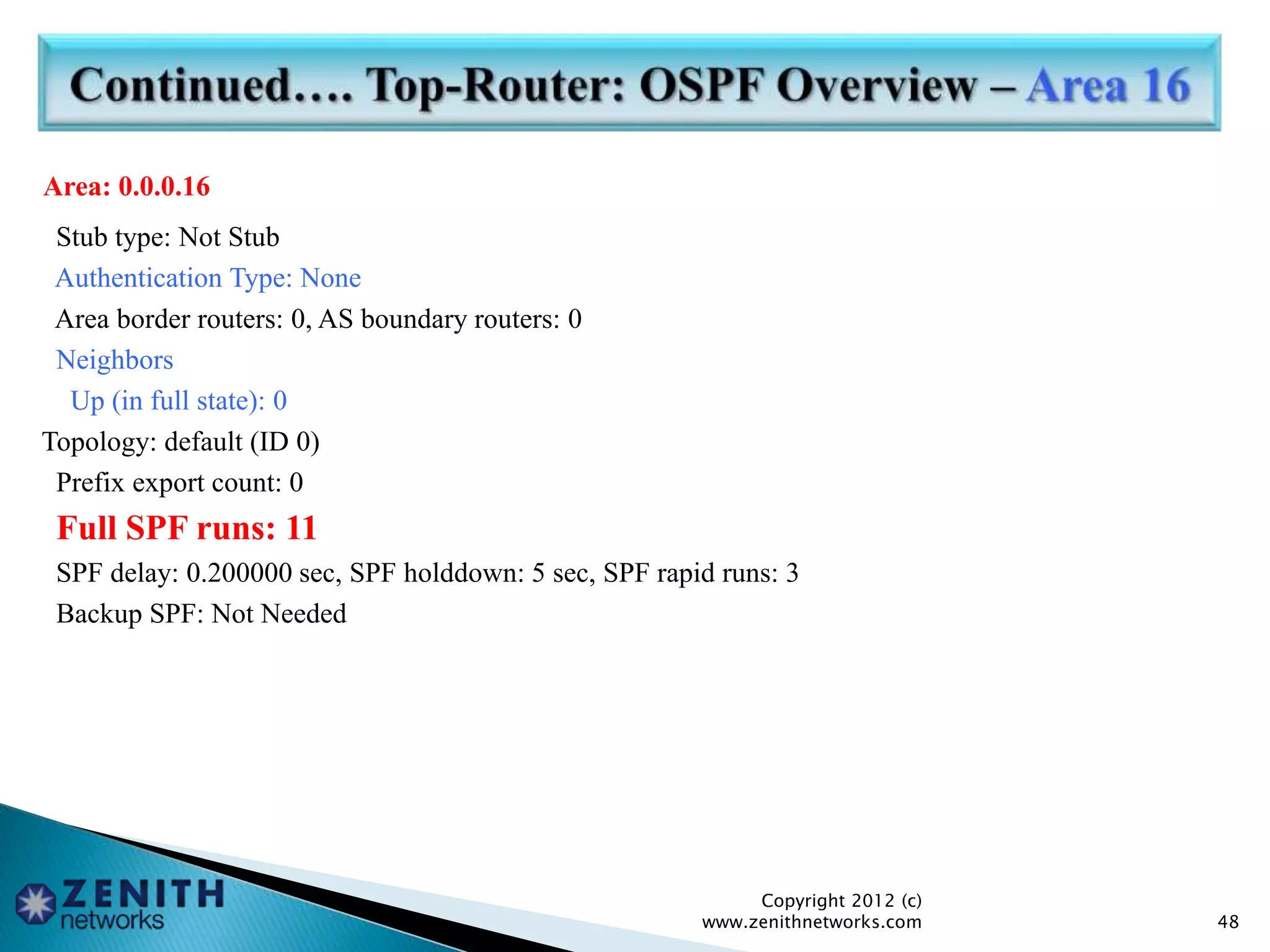 Area: 0.0.0.16
Stub type: Not Stub
Authentication Type: None
Area border routers: 0, AS boundary routers: 0
Neighbors
Up (in full state): 0
Topology: default (ID 0)
Prefix export count: 0
Full SPF runs: 11
SPF delay: 0.200000 sec, SPF holddown: 5 sec, SPF rapid runs: 3
Backup SPF: Not Needed
Copyright 2012 (c)
www.zenithnetworks.com 48
 