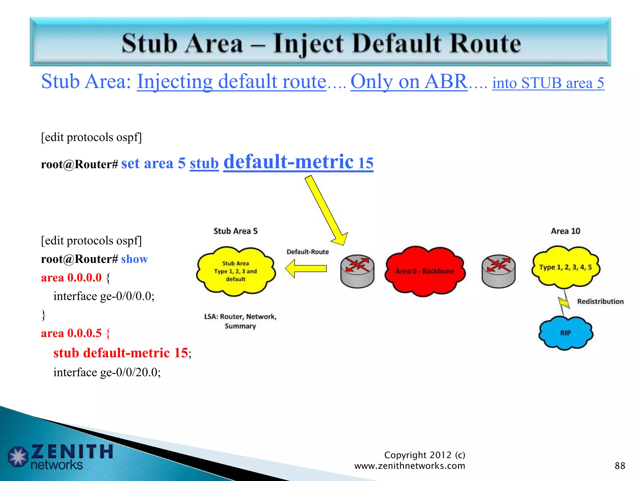 Stub Area: Injecting default route…. Only on ABR…. into STUB area 5
[edit protocols ospf]
root@Router# set area 5 stub default-metric 15
[edit protocols ospf]
root@Router# show
area 0.0.0.0 {
interface ge-0/0/0.0;
}
area 0.0.0.5 {
stub default-metric 15;
interface ge-0/0/20.0;
Copyright 2012 (c)
www.zenithnetworks.com 88
 