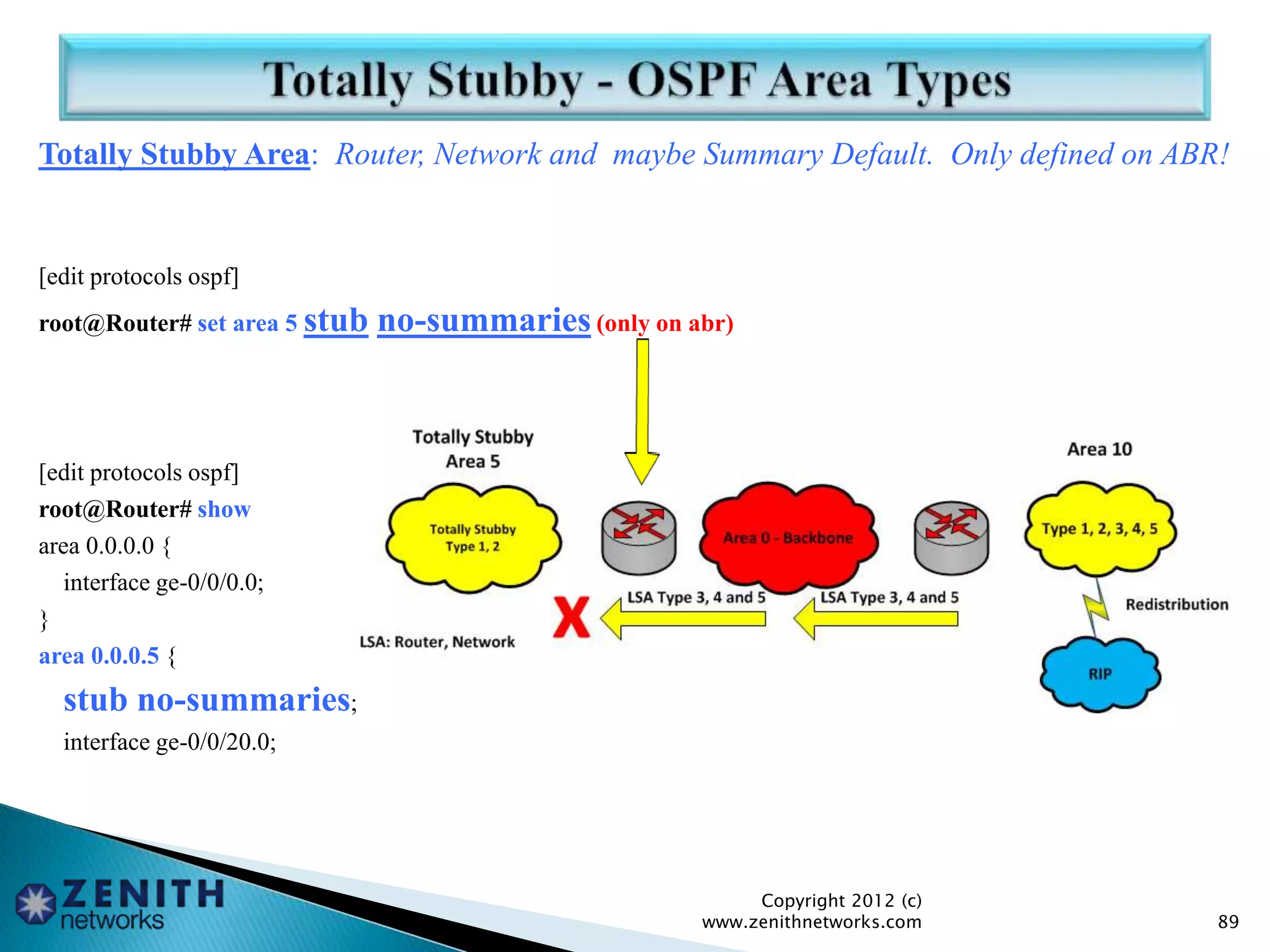 Totally Stubby Area: Router, Network and maybe Summary Default. Only defined on ABR!
[edit protocols ospf]
root@Router# set area 5 stub no-summaries(only on abr)
[edit protocols ospf]
root@Router# show
area 0.0.0.0 {
interface ge-0/0/0.0;
}
area 0.0.0.5 {
stub no-summaries;
interface ge-0/0/20.0;
Copyright 2012 (c)
www.zenithnetworks.com 89
 