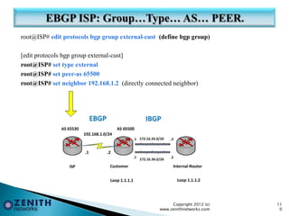 root@ISP# edit protocols bgp group external-cust (define bgp group)
[edit protocols bgp group external-cust]
root@ISP# set type external
root@ISP# set peer-as 65500
root@ISP# set neighbor 192.168.1.2 (directly connected neighbor)
Copyright 2012 (c)
www.zenithnetworks.com
11
0
 
