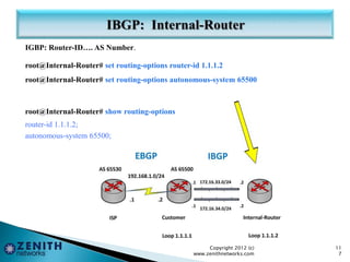 IGBP: Router-ID…. AS Number.
root@Internal-Router# set routing-options router-id 1.1.1.2
root@Internal-Router# set routing-options autonomous-system 65500
root@Internal-Router# show routing-options
router-id 1.1.1.2;
autonomous-system 65500;
Copyright 2012 (c)
www.zenithnetworks.com
11
7
 