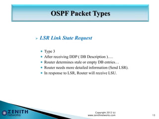  LSR Link State Request
 Type 3
 After receiving DDP ( DB Description )….
 Router determines stale or empty DB entries…
 Router needs more detailed information (Send LSR).
 In response to LSR, Router will receive LSU.
Copyright 2012 (c)
www.zenithnetworks.com 13
 