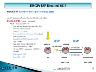 root@ISP# run show route protocol bgp detail
inet.0: 7 destinations, 7 routes (7 active, 0 holddown, 0 hidden)
172.16.0.0/16 (1 entry, 1 announced)
*BGP Preference: 170/-101
Next hop type: Router, Next hop index: 1324
Next-hop reference count: 2
Source: 192.168.1.2
Next hop: 192.168.1.2 via ge-0/0/1.0, selected
State: <Active Ext>
Local AS: 65530 Peer AS: 65500
Age: 3:00:47
Task: BGP_65500.192.168.1.2+179
Announcement bits (1): 0-KRT
AS path: 65500 I Aggregator: 65500 1.1.1.1
Accepted
Localpref: 100
Router ID: 1.1.1.1
Copyright 2012 (c)
www.zenithnetworks.com
13
1
 