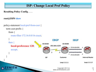 Resulting Policy Config……
root@ISP# show
policy-statement local-pref-from-cust {
term cust-prefix {
from {
route-filter 172.16.0.0/16 exact;
}
then {
local-preference 120;
accept;
}
}
}
Copyright 2012 (c)
www.zenithnetworks.com
13
5
 