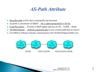  Describes path of AS’s that a route/prefix has traversed.
 As prefix is advertised via EBGP… AS is added (prepended) to AS list.
 Loop Prevention…. If router rx BGP update and sees its AS… LOOP… Drop!
 AS-Path Prepend…. Influence upstream peer to use a certain path back to source!
 Use MED to influence directly connected peer, but AS-Path Prepend further out.
Copyright 2012 (c)
www.zenithnetworks.com
14
0
AS
65530
AS
65531
AS
65532
AS
65532
65530 65531 65530 65532 65531 65530
 