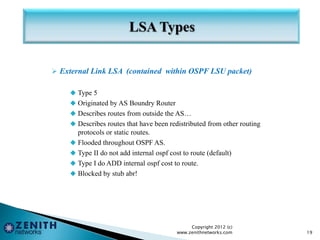  External Link LSA (contained within OSPF LSU packet)
 Type 5
 Originated by AS Boundry Router
 Describes routes from outside the AS…
 Describes routes that have been redistributed from other routing
protocols or static routes.
 Flooded throughout OSPF AS.
 Type II do not add internal ospf cost to route (default)
 Type I do ADD internal ospf cost to route.
 Blocked by stub abr!
Copyright 2012 (c)
www.zenithnetworks.com 19
 