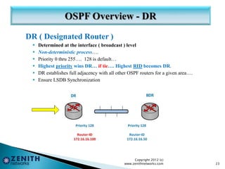 DR ( Designated Router )
 Determined at the interface ( broadcast ) level
 Non-deterministic process….
 Priority 0 thru 255…. 128 is default…
 Highest priority wins DR… if tie…. Highest RID becomes DR.
 DR establishes full adjacency with all other OSPF routers for a given area….
 Ensure LSDB Synchronization
Copyright 2012 (c)
www.zenithnetworks.com 23
 
