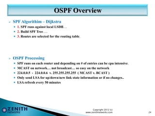 SPF Algorithim – Dijkstra
 1. SPF runs against local LSDB…
 2. Build SPF Tree….
 3. Routes are selected for the routing table.
 OSPF Processing
 SPF runs on each router and depending on # of entries can be cpu intensive.
 MCAST on network… not broadcast… so easy on the network
 224.0.0.5 - 224.0.0.6 v. 255.255.255.255 ( MCAST v. BCAST )
 Only send LSA for up/down/new link state information or if no changes..
 LSA refresh every 50 minutes
Copyright 2012 (c)
www.zenithnetworks.com 24
 