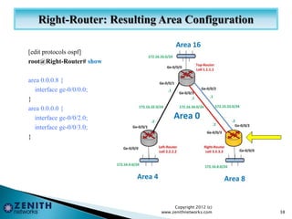 [edit protocols ospf]
root@Right-Router# show
area 0.0.0.8 {
interface ge-0/0/0.0;
}
area 0.0.0.0 {
interface ge-0/0/2.0;
interface ge-0/0/3.0;
}
Copyright 2012 (c)
www.zenithnetworks.com 38
 