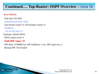 Area: 0.0.0.16
Stub type: Not Stub
Authentication Type: None
Area border routers: 0, AS boundary routers: 0
Neighbors
Up (in full state): 0
Topology: default (ID 0)
Prefix export count: 0
Full SPF runs: 11
SPF delay: 0.200000 sec, SPF holddown: 5 sec, SPF rapid runs: 3
Backup SPF: Not Needed
Copyright 2012 (c)
www.zenithnetworks.com 48
 
