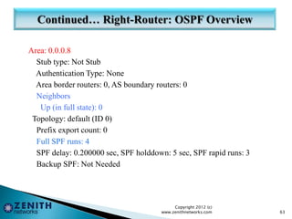 Area: 0.0.0.8
Stub type: Not Stub
Authentication Type: None
Area border routers: 0, AS boundary routers: 0
Neighbors
Up (in full state): 0
Topology: default (ID 0)
Prefix export count: 0
Full SPF runs: 4
SPF delay: 0.200000 sec, SPF holddown: 5 sec, SPF rapid runs: 3
Backup SPF: Not Needed
Copyright 2012 (c)
www.zenithnetworks.com 63
 