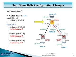 [edit protocols ospf]
root@Top-Router# show
area 0.0.0.16 {
interface ge-0/0/0.0;
}
area 0.0.0.0
interface ge-0/0/1.0 {
hello-interval 5;
}
interface ge-0/0/2.0 {
hello-interval 5;
}
interface ge-0/0/3.0 {
hello-interval 5;
}
}
Copyright 2012 (c)
www.zenithnetworks.com 69
 
