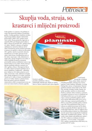 Intermeco MART1:Layout 2 3.3.2012 13:56 Page 27




                      Skuplja voda, struja, so,
                   krastavci i mliječni proizvodi
      Svake godine se u januaru vrši godišnja re-
      vizija svih mjesečnih indeksa iz prethodne
      godine. Srednja godišnja vrijednost revidira-
      nog baznog indeksa ukupne industrijske
      proizvodnje u BiH u 2011. godini iznosi
      144,1 odsto. Prema podacima Agencije za
      statistiku BiH, pad ukupne proizvodnje u
      BiH u odnosu na prosjek 2011. godine iznosi
      4,2 odsto. Takođe, u januaru ove godine
      zabilježena je mjesečna inflacija od 0,9
      odsto. Posmatrano prema namjeni potrošnje,
      u januaru ove godine u odnosu na decembar
      2011. godine, najviše su porasle cijene ko-
      munikacija za 1,6 odsto, prevoza za 0,8
      odsto, zatim hrana i bezalkoholna pića za
      0,6 odsto, stanovanje, voda, električna en-
      ergija, plin i drugi energenti za 0,2 odsto. U
      istom razdoblju prosječno smanjenje
      potrošačkih cijena je zabilježeno samo u seg-
      mentu kulture za 0,2 odsto. Prema istim po-
      dacima, godišnja inflacija u januaru ove
      2012. godine u Bosni i Hercegovini bila je
      2,5 odsto. Najveći prosječni godišnji rast ci-
      jena je zabilježen u odjeljcima - alkoholna
      pića i duhan za 10,2 odsto, prijevoz za 6,3
      odsto, stanovanje, voda, električna energija,
      plin i drugi energenti za 3,2 odsto, restorani
      i hoteli za 2,7 odsto te hrana i bezalkoholna                                                                                 se kod masli-
      pića za 2,5 odsto. Kada je u pitanju hrana       krastavci, grožđe,                                                      novog ulja, svinjskog
      koja ima najveći uticaj na standard              paradajz, patlidžani i tikvice,                               mesa, zelene salate, masti živ-
      stanovništva u BiH, na mjesečnom nivou na-       mahunarke, kokošja jaja, mladi sir i kuhin-    otinjskog porijekla, sušenog voća, šećera,
      jveći rast cijena imali su: banane, paprike,     jska so. Najveći mjesečni pad cijena dogodio   agruma, oraha, badema i lješnjaka, crvenog,
                                                                                                      bijelog luka i prase, te kupusnjača. Najveća
                                                                                                      godišnja sniženja cijena imali su luk, bijeli
                                                                                                      luk i poriluk, krompir, kruške, banane, pa-
                                                                                                      prike, paradajz, marelice te zelena salata.
                                                                                                      Kada je u pitanju robna razmjena, u januaru
                                                                                                      ove godine ostvaren je izvoz u vrijednosti od
                                                                                                      560 miliona KM, što je za 9,6 odsto manje
                                                                                                      nego u januaru prethodne godine, dok je
                                                                                                      uvoz iznosio 998 miliona KM, što je za 4,2
                                                                                                      odsto više nego u januaru prošle godine. U
                                                                                                      BiH je u decembru protekle godine evidenti-
                                                                                                      rano 536.728 nezaposlenih osoba, što je u
                                                                                                      odnosu na studeni povećanje od 0,8 odsto,
                                                                                                      rekao je zamjenik direktora Agencije za sta-
                                                                                                      tistiku BiH Fadil Fatić. Fatić je naglasio da je
                                                                                                      po kvalifikacijskoj strukturi na evidencijama
                                                                                                      zavoda najveći broj nezaposlenih visokokval-
                                                                                                      ifikovanih i kvalifikovanih radnika - 191.121
                                                                                                      osoba, zatim slijede nekvalifikovani radnici -
                                                                                                      161.785 i radnici sa srednjom stručnom
                                                                                                      spremom - 133.415 osoba. U decembru
                                                                                                      2011. godine u preduzećima u BiH bilo je za-
                                                                                                      posleno 687.917 osoba.

                                                                                                                            Potrošač INFO| 7
 