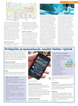 Twitter




                                                                                   sve više postaju popularnija             mocija proizvoda ili usluga. Obični
                                                                                   druženja twitteraša poznatija kao        korisnici Twitter koriste da bi na
                                                                                   TweetUp-ovi. Za sada se održavaju        brz način dobili relevantne infor-
                                                                                   samo u Banja Luci (#TweetUpBL) i         macije i povezali sa ostalim koris-
                                                                                   Sarajevu (#TweetUpSa). Twitter           nicima sa kojima imaju slične
biti iskra koja će pokrenuti mnogo        likacije. Zahvaljujući baš aplikaci-     brzo evoluira, zahvaljujući koris-       interese. Mnogi koriste Twitter
rasprava i razgovora. Kako su ko-         jama Twitter postaje društvena           nicima koji stalno poboljšavaju          kako bi twittali o svom dnevnom
risnici postajali napredniji, počeli su   mreža sa najvećim rastom. Neke           servis, i postaje veoma moćan alat       životu, šta trenutno rade, gdje su
da ignorišu čuveno pitanje i da pri-      od najpopularnijih Twitter aplikacija    za djeljenje informacija, ideja i        bili i slično, kao i da bi ostali u kon-
lagođavaju Twitter sebi i svojim          su: Tweetdeck, Twhirl, Twitterrific,     održavanja kontakta sa prijateljima      taktu sa svojom familijom i pri-
potrebama. To je u redu, pošto je i       Summize, Hootsuite i druge...            i zbližavanju korisnika sa kompani-      jateljima. Kompanije mogu
Twitter fleksibilna i otvorena zajed-                                              jama i organizacija do kojih im je       koristiti Twitter kako bi na pot-
nica u kojoj ne morate striktno da        TWITTER U REGIONU                        stalo. Twitter-om postaju zaluđeni       puno novi način došle u kontakt
se držite pravila. Shodno tome i          Twitter doživljava konstantan rast       svi, mediji ga opisuju kao najbrži       sa potencijalnim klijentima, pron-
Twitter mijenja čuveno pitanje u          sa 200 miliona registrovanih koris-      rastući fenomen od početka Inter-        ašli nova tržišta, predstavili svoju
“Podijelite i otkrijte šta se dešava      nika širom svijeta, oko milion ko-       neta (New York Times), koriste ga        kompaniju u potpuno novoj slici i
upravo sada. Bilo gdje u svijetu”.        risnika u regionu. Twitter postaje       kako bi na brz način saznali šta se      iskoristile moć novog i inova-
Danas je Twitter ono što mi (obični       sve popularniji i u BiH u kojoj za       trenutno dešava u svijetu (CNN).         tivnog marketinga gdje je koris-
korisnici) želimo da bude.                sada ima preko 50.000 reg-               Mogućnosti na Twitter-u su               nikova riječ najvažnija. Twitter
                                          istrovanih korisnika. Twitteraše         neograničene, bilo da je vaš cilj        može biti tačno ono što želite da
TWITTER APLIKACIJE                        sada možete zapaziti svuda, kako         povezivanje sa prijateljima,             bude: društveni alat, poslovni ili
Kako bi olakšali i ubrzali korištenje     twittaju na ulici, javnom prevozu,       pronalaženje brzih i relevantnih in-     promotivni alat, alat za istraži-
servisa pojavljuju se Twitter ap-         sa konferencija…Osim toga kod nas        formacija, traženje posla ili pro-       vanje ili kombinacija svega toga.



  Priključite se komunikaciji, naučite Twitter riječnik
  Kada se prvi put logujete na Twitter pred vama
  će se pojaviti čudni simboli koji se koriste u                                                              Top 10 korisnika
  Twitter razgovorima. Neke od znakova koje će
  te vidjeti su RT, DM, #, @. Te, čudne, znakove su                                                           sa najviše followera
  stvorili sami korisnici koji su željeli da olakšaju                                                         1. Lady Gaga (@ladygaga)
  komunikaciju između sebe na Twitteru.                                                                       2. Justin Bieber (@justinbieber)
                                                                                                              3. Barack Obama
                                                                                                                 (@BarackObama)
  PRATITI (FOLLOWING)
                                                                                                              4. Britney Spears
  Da bi primali poruke na Twitter-u morate pratiti
                                                                                                                 (@britneyspears)
  druge korisnike, organizacije i kompanije koje                                                              5. Kim Kardashian
  vas zanimaju. Poruke (tweet-ovi) onih ljudi koje                                                               (@KimKardashian)
  pratite se pojavljuju na vašoj početnoj stranici.                                                           6. Katy Perry (@katyperry)
                                                                                                              7. ashton kutcher (@aplusk)
  TWEET                                                                                                       8. Ellen DeGeneres
  Tweet je naziv za poruke koje se razmjenjuju                                                                   (@Th eEllenShow)
                                                                                                              9. taylorswift13 (@taylorswift13)
  između korisnika. Tweet-ovi uglavnom nisu
                                                                                                              10. Shakira (@shakira)

                                                                                                             Ove poruke se pojavljuju u desnoj koloni pod di-
    Da li ste znali?                                                                                         rect messages i nisu vidljive nikome osim
    • Svaki dan na Twitter se registruje                                                                     vama.
    300.000 novih korisnika.                            duži od 140 znakova.
    • Dnevno se pošalje 55 miliona Tweet-                                                                    RT (RETWEET)
    ova.                                                @KORISNIČKO_IME (REPLY)                              Reetweet je u osnovi ponavljanje tweeta drugog
    • U jednoj sekundi se pošalje 640                   Da bi ste se uključili u komunikaciju morate         korsinika sa njegovim @korisničkim imenom.
    Tweet-ova širom svijeta.                            poslati javnu poruku bilo kojem korsiniku. Jed-      Pomoću njega zanimljive i korisne poruke nas-
    • Prva bh. Twitter radionica “Twittos-              nostavno napišite poruku sa                          tavljaju da se šire po Twitteru.
    fera” je održana 2009. u Banja Luci i               @korisničkim_imenom korisnika kojem se
    Sarajevu.                                           obraćate. Ove poruke su javne i nalaze na vašoj      HASHTAG #
    • Najviše se Tweet-a na engleskom                   početnoj stranici i vidljive su svima koji posjete   Twitter poruke nemaju polje gdje ih možete
    61%, portugalskom 11%, japanskom                    vašu stranicu, kao i korsnicima koji prate i vas i   kategorizovati. Zbog toga su korisnici stvorili
    6%, španskom 4% i ostalim jezicima                  korisnika kojem se obraćate.                         hastag (označava se sa #) koji je u stvari riječ ili
    18%.                                                                                                     fraza koja se koristi za praćenje određene teme
    • Utorak i petak su najaktivniji dani na            D (DIREKTNE PORUKE)                                  na Twitter-u. Standard za hastag je
    Twitteru.                                           Direktne poruke su Twitterov privatni kanal.         #ime_teme.

                                                                                                                       jun/jul 2011. | intermezzo | 19
 