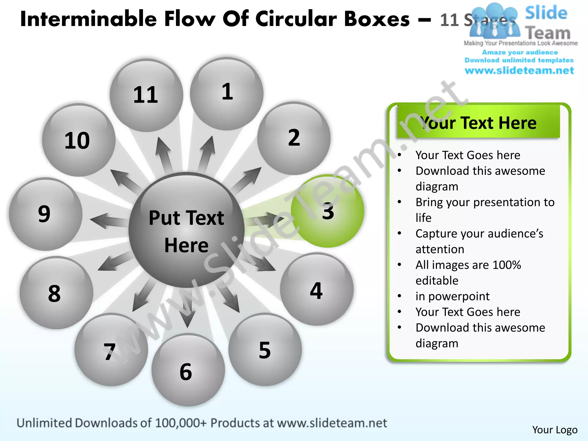 Interminable flow of circular boxes 11 stages cycle chart power point ...