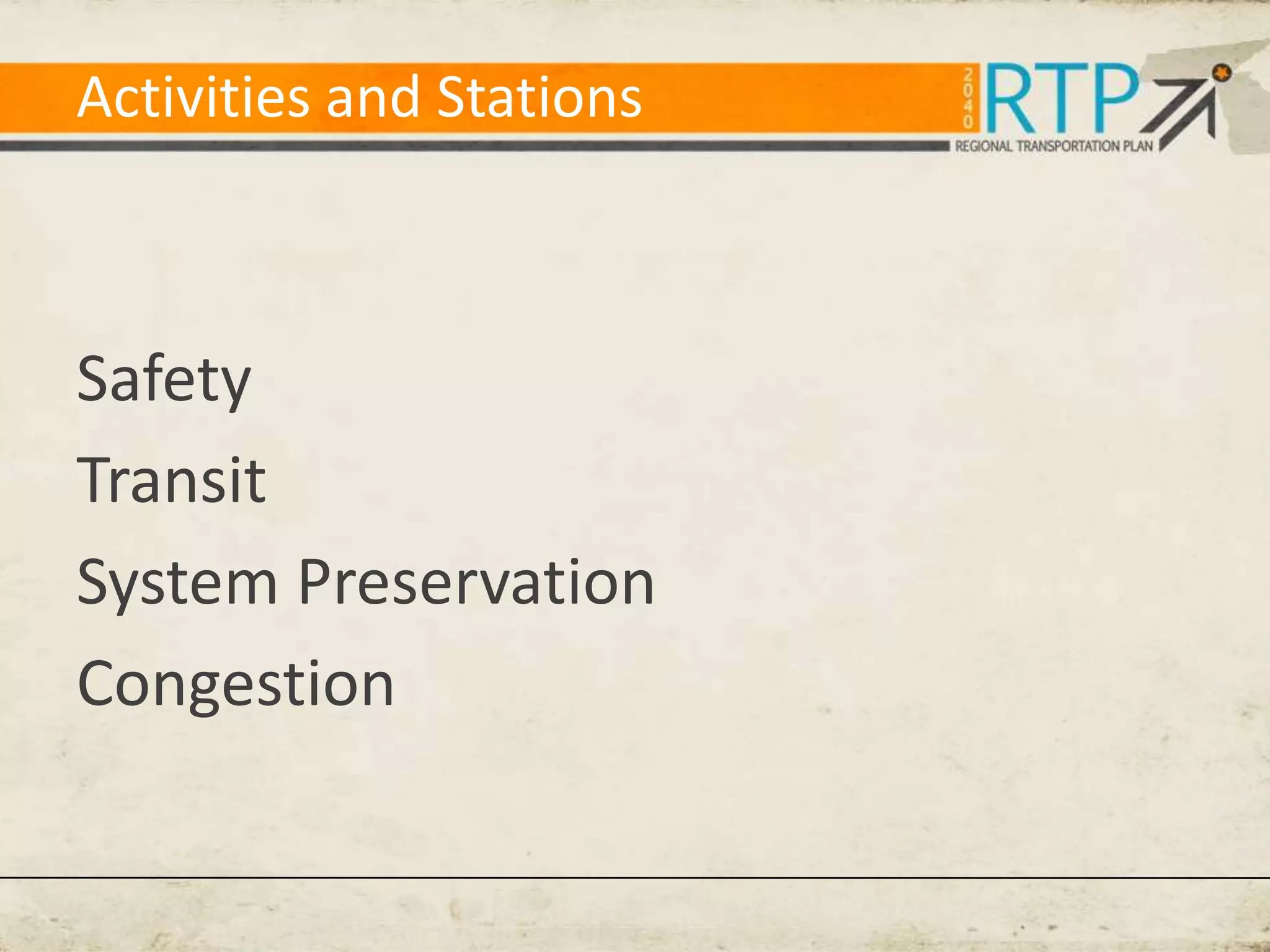 Activities and Stations



Safety
Transit
System Preservation
Congestion
 