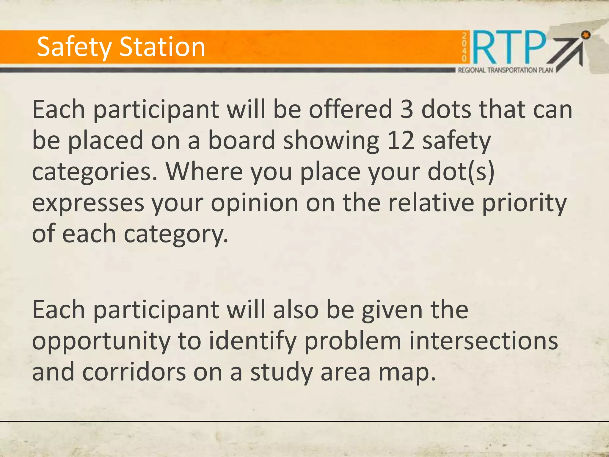 Safety Station

Each participant will be offered 3 dots that can
be placed on a board showing 12 safety
categories. Where you place your dot(s)
expresses your opinion on the relative priority
of each category.

Each participant will also be given the
opportunity to identify problem intersections
and corridors on a study area map.
 