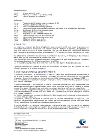 Spectacle vivant : 
9001Z Arts du spectacle vivant 
9002Z Activités de soutien au spectacle vivant 
9004Z Gestion de salles de spectacles 
Audiovisuel : 
5911A Production de films et de programmes pour la TV 
5911B Production de films institutionnels 
5911B Production de films cinématographiques 
5912Z Postproduction de films cinématographiques, de vidéos et de programmes télévisuels 
5913A Distribution de films cinématographiques 
5913B Edition et distribution vidéo 
5914Z Projection de films cinématographiques 
5920Z Enregistrement sonore et édition musicale 
6010Z Edition et diffusion de programmes radio 
6020A Edition de chaînes généralistes 
6020B Edition de chaînes thématiques 
3. SOURCES 
Les employeurs relevant du champ d’application des annexes 8 et 10 sont tenus de procéder aux 
déclarations nominatives mensuelles liées à l’embauche et à l’emploi de salarié(s) du spectacle, au 
titre d'un contrat de travail à durée déterminée, soit par une Attestation d’Employeur Mensuelle 
(AEM), soit par une Déclaration Unique Simplifiée (DUS) s’ils relèvent du champ d’application du Guso. 
Ces déclarations contiennent des éléments d’identification du salarié, de l’employeur, du contrat de 
travail ainsi que des rémunérations et contributions dues. 
Elles sont gérées dans deux bases opérationnelles différentes : ATE pour les Attestations d’Employeurs 
Mensuelles et Guso pour les Déclarations Uniques Simplifiées. 
Les données brutes présentées dans cette note sont élaborées à partir de ces deux sources. 
Toutes les données sont établies à partir des informations déclarées pour les contrats de travail 
effectués au cours de la période considérée. 
4. METHODE DE CALCUL DES INDICATEURS 
Le nombre d’employeurs : il est calculé sur la base du SIRET pour les employeurs professionnels et 
sur la base de l’identifiant interne unique de l’employeur attribué par Pôle emploi. En effet, certains 
employeurs du champ Guso, comme les particuliers et certaines associations, n’ont pas de SIRET. 
Sont comptabilisés tous les employeurs ayant employé au moins un intermittent du spectacle au cours 
de la période considérée. 
Le nombre de salariés : il est calculé sur la base de l’identifiant individuel NIR. Sont comptabilisés tous 
les salariés intermittents du spectacle ayant eu au moins un contrat de travail au cours de la période 
considérée et ayant été déclarés par un employeur relevant du champ professionnel ou du Guso. 
Au sein de chaque catégorie d’employeurs (secteurs professionnels, hors secteurs professionnels), un 
salarié n’est comptabilisé qu’une seule fois, même s’il a travaillé pour plusieurs employeurs au cours 
de la période considérée. 
Les salariés travaillant, au cours de l’année pour les deux catégories d’employeurs sont comptabilisés 
pour l’une et l’autre catégorie. 
En revanche, lorsqu’on dénombre le nombre total de salariés intermittents du spectacle, sans 
distinction de la catégorie d’employeurs, les salariés ne sont comptabilisés qu’une seule fois même 
s’ils ont travaillé pour des employeurs de catégories différentes. 
La masse salariale : La notion de masse salariale retenue dans cette note correspond aux salaires, 
déclarés et versés par les employeurs au titre des contrats de travail exécutés au cours au cours de la 
période considérée. Il s’agit des salaires bruts avant abattement pour frais professionnels. 
POUR EN SAVOIR PLUS 
contact@DSEE-poleemploi.fr 
www.pole-emploi.org 
ISSN – 
Pôle emploi, 1 avenue du Docteur Gley, 75987 Paris cedex20 
Directeur de publication 
Jean BASSÈRES 
Directeur de la rédaction 
Stéphane DUCATEZ 
Réalisation 
Direction des Statistiques, des Études et de l’Évaluation 
STATISTIQUES, ETUDES ET EVALUATIONS DE POLE EMPLOI 
