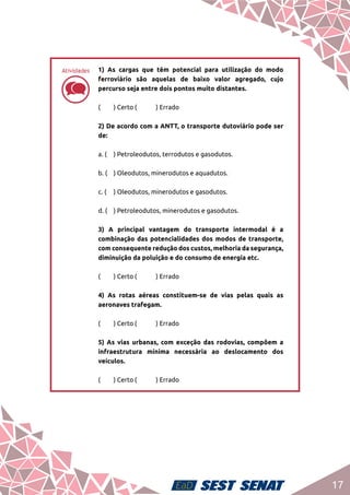 17
dd
1) As cargas que têm potencial para utilização do modo
ferroviário são aquelas de baixo valor agregado, cujo
percurso seja entre dois pontos muito distantes.	
(	 ) Certo	(	 ) Errado	
2) De acordo com a ANTT, o transporte dutoviário pode ser
de: 	
a. (	 ) Petroleodutos, terrodutos e gasodutos.	
b. (	 ) Oleodutos, minerodutos e aquadutos.	
c. (	 ) Oleodutos, minerodutos e gasodutos.	
d. (	 ) Petroleodutos, minerodutos e gasodutos.	
3) A principal vantagem do transporte intermodal é a
combinação das potencialidades dos modos de transporte,
com consequente redução dos custos, melhoria da segurança,
diminuição da poluição e do consumo de energia etc. 	
(	 ) Certo	(	 ) Errado 	
4) As rotas aéreas constituem-se de vias pelas quais as
aeronaves trafegam.	
(	 ) Certo	(	 ) Errado	
5) As vias urbanas, com exceção das rodovias, compõem a
infraestrutura mínima necessária ao deslocamento dos
veículos.	
(	 ) Certo	(	 ) Errado
Atividades
 