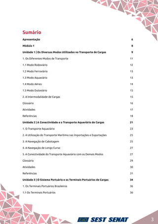 3
Sumário
Apresentação	6
Módulo 1	 8
Unidade 1 | Os Diversos Modos Utilizados no Transporte de Cargas	 9
1. Os Diferentes Modos de Transporte	 11
1.1 Modo Rodoviário	 12
1.2 Modo Ferroviário	 13
1.3 Modo Aquaviário	 13
1.4 Modo Aéreo	 14
1.5 Modo Dutoviário	 15
2. A Intermodalidade de Cargas	 15
Glossário	16
Atividades	17
Referências	18
Unidade 2 | A Conectividade e o Transporte Aquaviário de Cargas	 21
1. O Transporte Aquaviário	 23
2. A Utilização do Transporte Marítimo nas Importações e Exportações	 25
3. A Navegação de Cabotagem	 25
4. A Navegação de Longo Curso	 27
5. A Conectividade do Transporte Aquaviário com os Demais Modos	 27
Glossário	29
Atividades	30
Referências	31
Unidade 3 | O Sistema Portuário e os Terminais Portuários de Cargas	 34
1. Os Terminais Portuários Brasileiros	 36
1.1 Os Terminais Portuários	 36
 