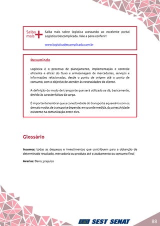 88
bb
Saiba mais sobre logística acessando ao excelente portal
Logística Descomplicada. Vale a pena conferir! 	
www.logisticadescomplicada.com.br
Resumindo	
Logística é o processo de planejamento, implementação e controle
eficiente e eficaz do fluxo e armazenagem de mercadorias, serviços e
informações relacionadas, desde o ponto de origem até o ponto de
consumo, com o objetivo de atender às necessidades do cliente.	
A definição do modo de transporte que será utilizado se dá, basicamente,
devido às características da carga.	
É importante lembrar que a conectividade do transporte aquaviário com os
demaismodosdetransportedepende,emgrandemedida,daconectividade
existente na comunicação entre eles.
Glossário
Insumos: todas as despesas e investimentos que contribuem para a obtenção de
determinado resultado, mercadoria ou produto até o acabamento ou consumo final
Avarias: Dano, prejuízo
 