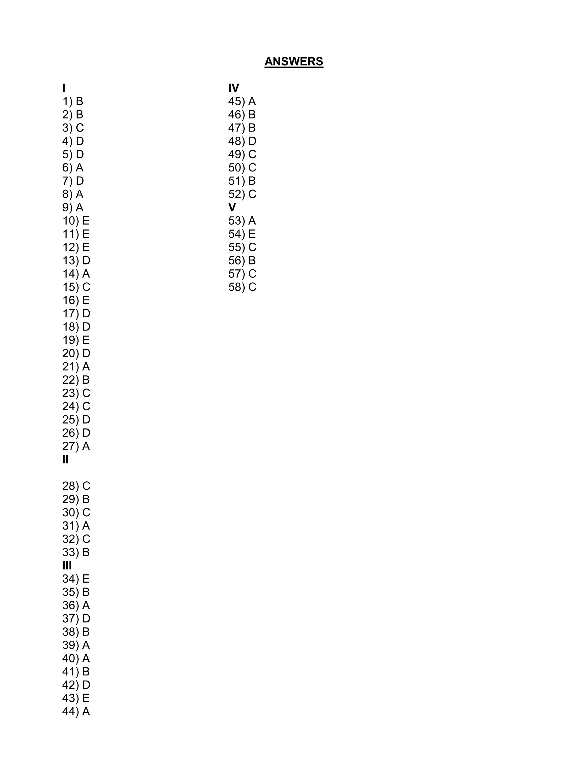 ANSWERS
I
1) B
2) B
3) C
4) D
5) D
6) A
7) D
8) A
9) A
10) E
11) E
12) E
13) D
14) A
15) C
16) E
17) D
18) D
19) E
20) D
21) A
22) B
23) C
24) C
25) D
26) D
27) A
II
28) C
29) B
30) C
31) A
32) C
33) B
III
34) E
35) B
36) A
37) D
38) B
39) A
40) A
41) B
42) D
43) E
44) A
IV
45) A
46) B
47) B
48) D
49) C
50) C
51) B
52) C
V
53) A
54) E
55) C
56) B
57) C
58) C
 