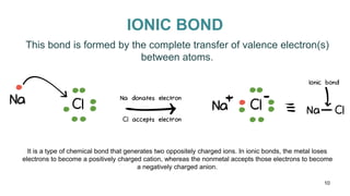 IONIC BOND
This bond is formed by the complete transfer of valence electron(s)
between atoms.
10
It is a type of chemical bond that generates two oppositely charged ions. In ionic bonds, the metal loses
electrons to become a positively charged cation, whereas the nonmetal accepts those electrons to become
a negatively charged anion.
 