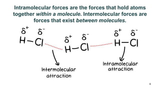 6
Intramolecular forces are the forces that hold atoms
together within a molecule. Intermolecular forces are
forces that exist between molecules.
 