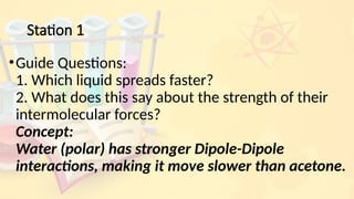 Station 1
•Guide Questions:
1. Which liquid spreads faster?
2. What does this say about the strength of their
intermolecular forces?
Concept:
Water (polar) has stronger Dipole-Dipole
interactions, making it move slower than acetone.
 