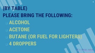 LET’S REVIEW SOME
CONCEPTS
(BY TABLE)
PLEASE BRING THE FOLLOWING:
 ALCOHOL
 ACETONE
 BUTANE (OR FUEL FOR LIGHTERS)
 4 DROPPERS
9
 