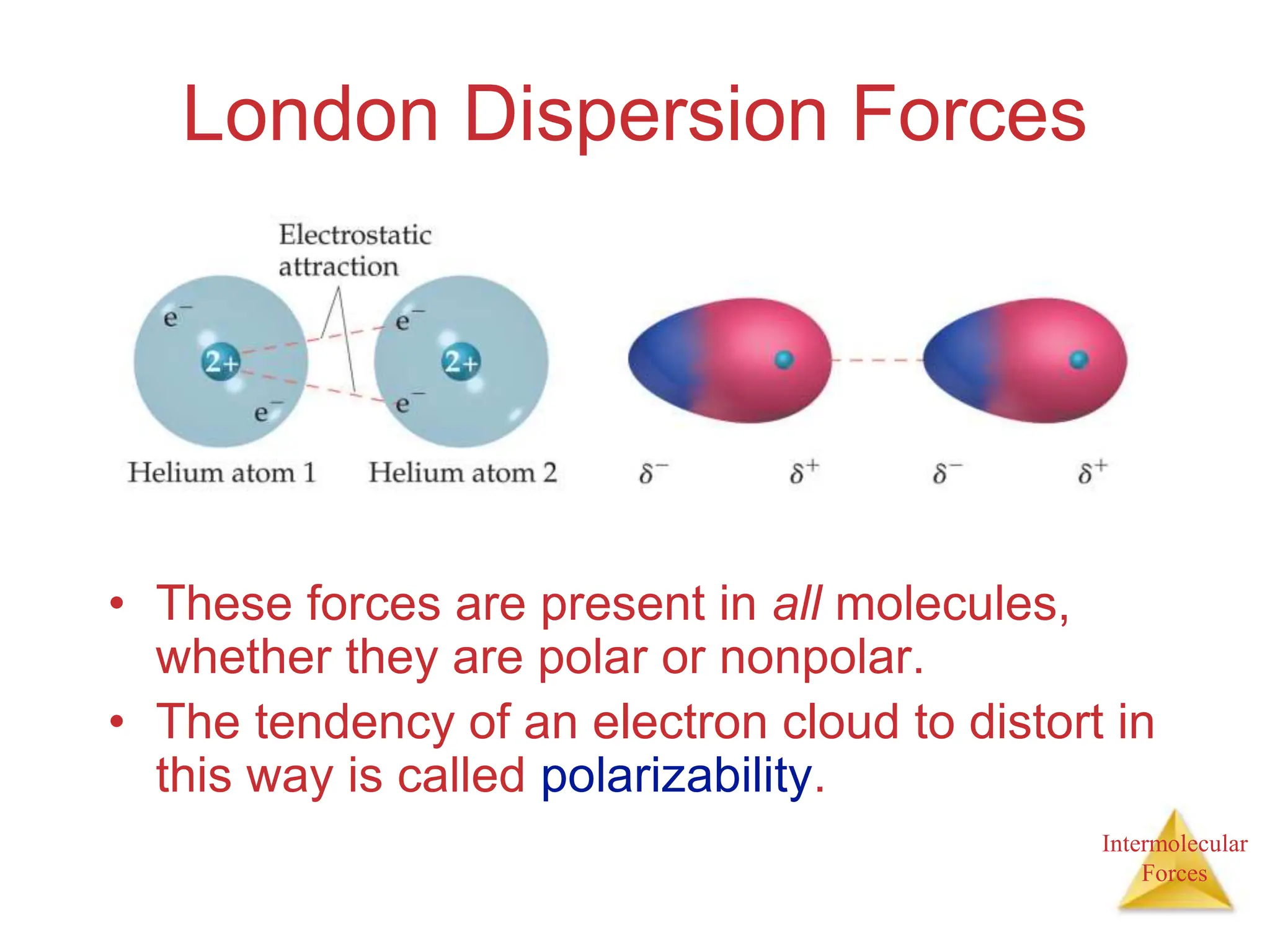 Intermolecular
Forces
London Dispersion Forces
• These forces are present in all molecules,
whether they are polar or nonpolar.
• The tendency of an electron cloud to distort in
this way is called polarizability.
 
