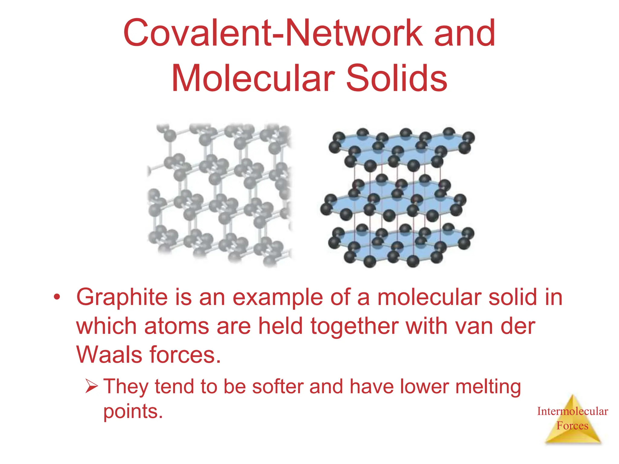 Intermolecular
Forces
Covalent-Network and
Molecular Solids
• Graphite is an example of a molecular solid in
which atoms are held together with van der
Waals forces.
They tend to be softer and have lower melting
points.
 