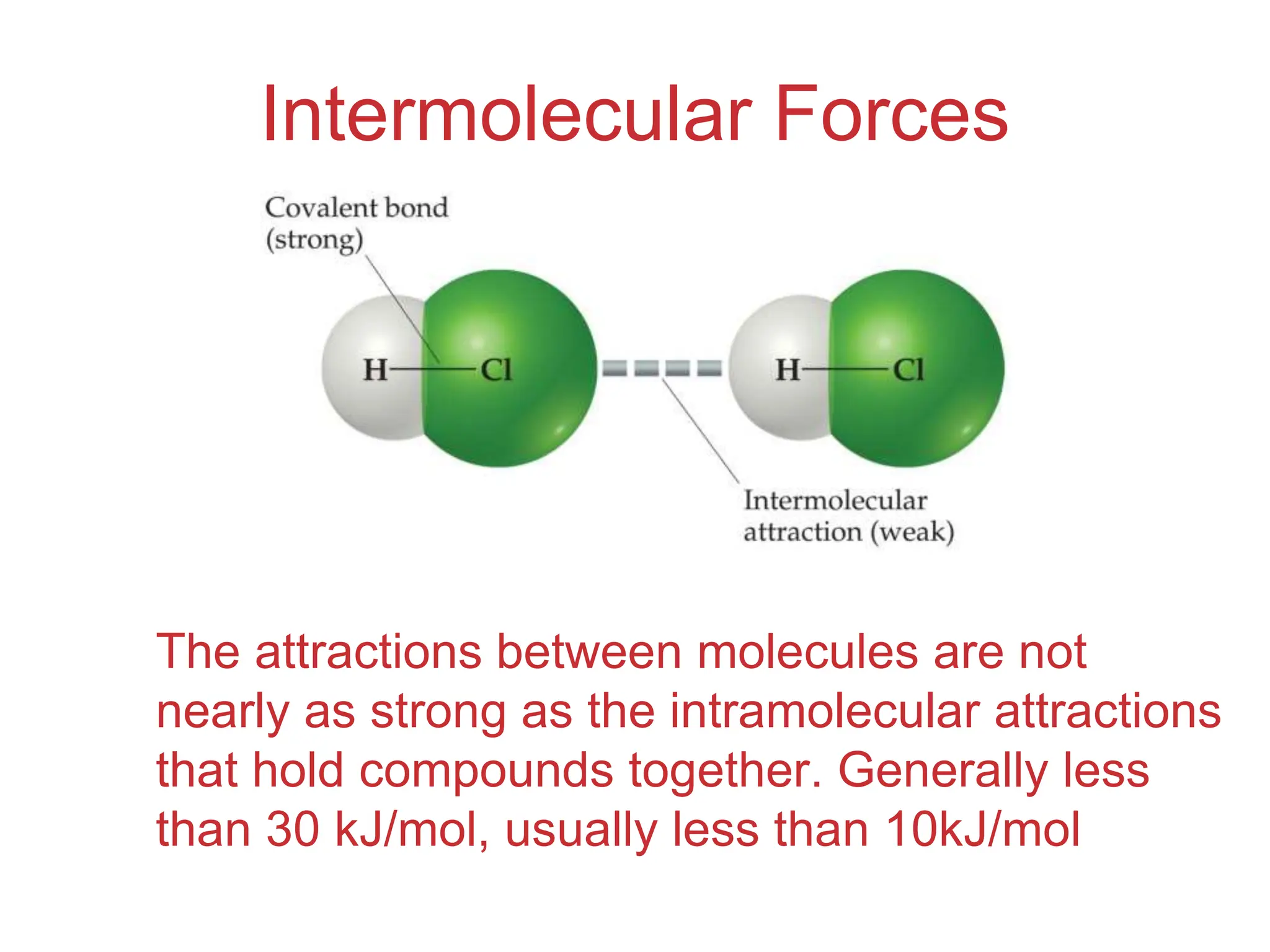 Intermolecular
Forces
Intermolecular Forces
The attractions between molecules are not
nearly as strong as the intramolecular attractions
that hold compounds together. Generally less
than 30 kJ/mol, usually less than 10kJ/mol
 