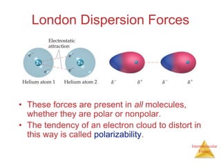 Intermolecular
Forces
London Dispersion Forces
• These forces are present in all molecules,
whether they are polar or nonpolar.
• The tendency of an electron cloud to distort in
this way is called polarizability.
 