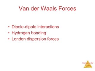 Intermolecular
Forces
Van der Waals Forces
• Dipole-dipole interactions
• Hydrogen bonding
• London dispersion forces
 
