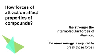 How forces of
attraction affect
properties of
compounds?
the stronger the
intermolecular forces of
attraction,
the more energy is required to
break those forces
 
