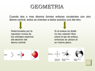 GEOMETRIA
Cuando dos o mas átomos forman enlaces covalentes con otro
átomo central, estos se orientan a lados exactos uno ...