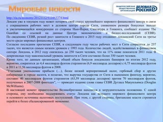 http://ria.ru/economy/20121112/910463374.html
Лондон уже в текущем году может потерять свой статус крупнейшего мирового финансового центра в связи
с сокращением рабочих мест в деловом центре города Сити, снижением размера бонусных выплат
и увеличивающейся конкуренции со стороны Нью-Йорка, Сингапура и Гонконга, сообщает издание The
Guardian со ссылкой на данные Центра экономических и бизнес-исследований (CEBR).
По сведениям CEBR, резкий рост занятости в Гонконге к 2015 году отодвинет лондонский Сити на третье
место среди мировых финансовых центров.
Согласно последним прогнозам CEBR, в следующем году число рабочих мест в Сити сократится до 237
тысяч, что является самым низким уровнем с 1993 года. Количество людей, задействованных в финансовом
секторе Лондона, в 2012 году снизилось до 250 тысяч человек, что на 11% ниже показателя 2011 года. В
докризисные году максимальный уровень занятости в Сити составлял более 350 тысяч человек.
Кроме того, по данным организации, общий объем бонусов лондонских банкиров по итогам 2012 году,
вероятно, сократится до 4,4 миллиарда фунтов стерлингов (6,9 миллиарда долларов) с 6,75 миллиарда фунтов
в 2011 и 11,56 миллиарда фунтов в 2008.
"Учитывая уменьшение прибыли (…), более низкий корпоративный налог, гербовый сбор и другие
собираемые в городе налоги, я полагаю, что выручка государства от Сити в нынешнем фингоду, вероятно,
составит 40 миллиардов фунтов стерлингов (63,59 миллиарда долларов) против 70 миллиардов фунтов,
полученных в 2007-2008 фингодах", — приводит издание слова главы CEBR Дугласа Макуильямса (Douglas
McWilliams).
В настоящий момент правительство Великобритании находится в затруднительном положении. С одной
стороны, ему необходимо поддерживать статус Лондона как ведущего мирового финансового центра
и основного источника налоговых поступлений. При этом, с другой стороны, британские власти стремятся
перейти к более сбалансированной экономике.
 