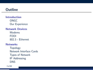 Outline
Introduction
ONGC
Our Experience
Network Devices
Modems
FDDI
802.3 - Ethernet
Networks
Topology
Network Interface Cards
Types of Network
IP Addressing
DNS
2 of 83
 